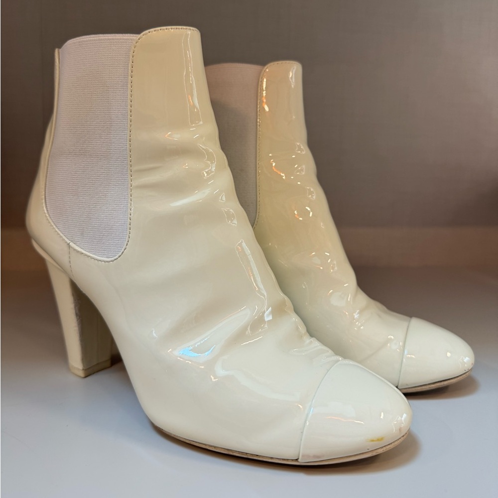 Pre-owned Chanel Patent White Ivory Booties ankle boots size 37
